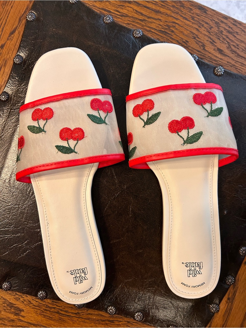 wild fable White Slide Sandals with Red Cherry Embroidery